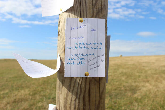 Peices of paper attached to a wooden post, reading: 'Experiment' ' Take more time to be still' 'Time alone and in a group is needed' 'Skill share and learn from each other' 'How to make a home anywhere'.